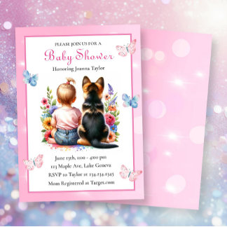 Ein Baby Mädchen und ihre Puppy Pink Babydusche Einladung