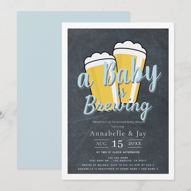 Ein Baby wird Bier Co-ed Blue Baby Dusche brauen Einladung (Vorne/Hinten)