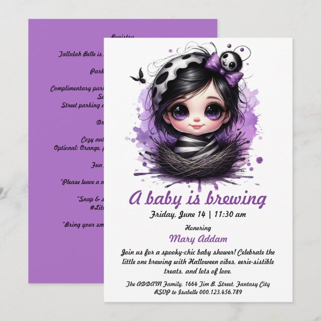 Ein Baby wird brauen - gotische Halloween-Kinderdu Einladung (Vorne/Hinten)