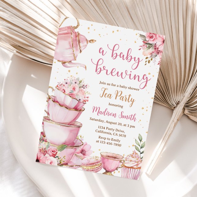 Ein Babybrauen Tee Party Pink Floral Baby Dusche Einladung (Von Creator hochgeladen)