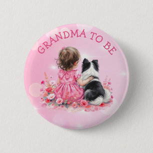 Ein Babymädchen und ihr Hund Oma wird Baby Shower Button