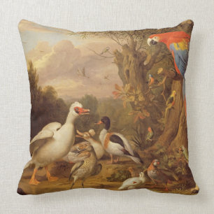 Ein Becken, Enten, Papageien und andere Vögel in Kissen