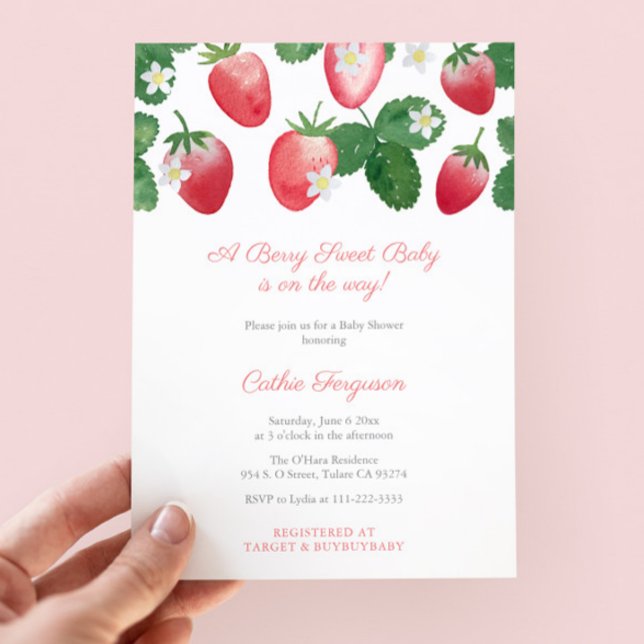 Ein Berry Sweet Baby ist unterwegs mit Erdbeerdusc Einladung (A berry sweet baby Strawberries themed baby shower invitation design, with pink white buffalo check)