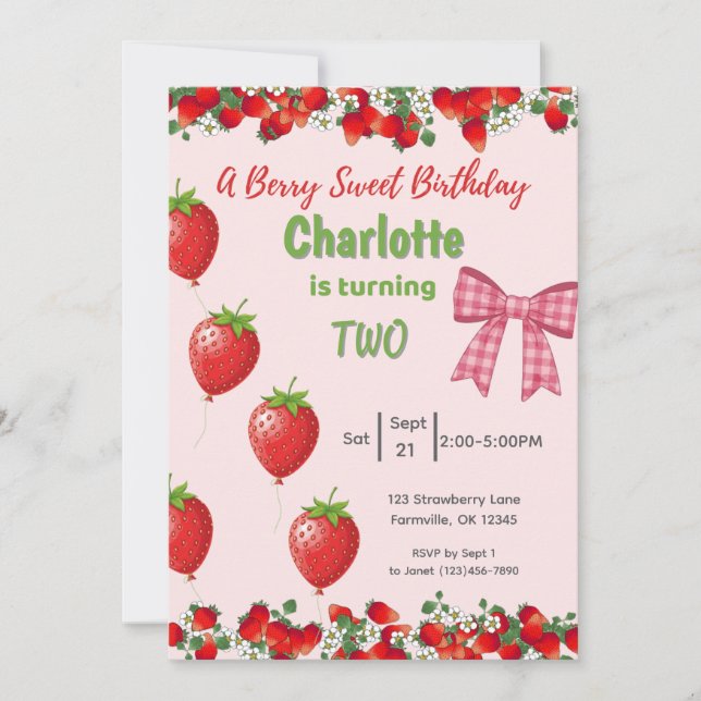 Ein Berry Sweet Birthday - Strawberry Pink Einladu Einladung (Vorderseite)