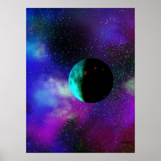Ein bewohnter Mond unter lila grünen Sternen-Nebel Poster (Vorne)