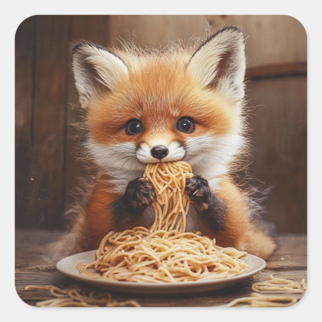 Ein bezaubernder Baby-Rotfuchs, der Spaghetti isst Quadratischer Aufkleber (Vorderseite)