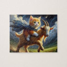 Ein bezauberndes Ingwerkitten, das eine Ziege reit