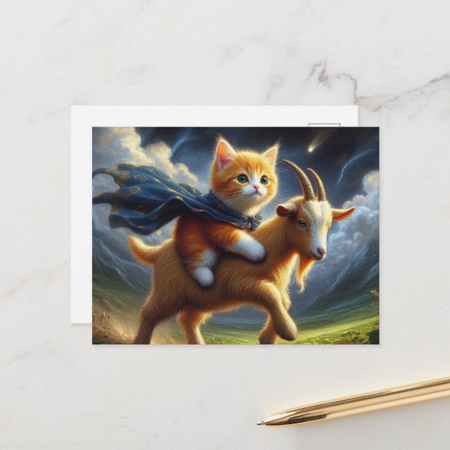 Ein bezauberndes Ingwerkitten, das eine Ziege reit Postkarte (Vorderseite/Rückseite Beispiel)