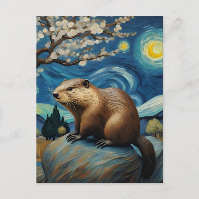 Ein Biber in der Postkarte der Sternennacht (Vorderseite)