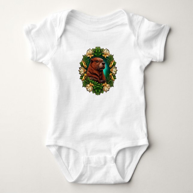 Ein Biber umgeben von einem Kranz Oregon Trauben Baby Strampler (Vorderseite)