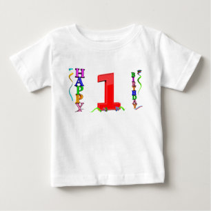Ein Big Red 1 zwischen bunten Happy Birthday Baby T-shirt