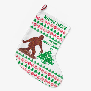 Ein Bigfoot gehender fröhlicher Squatchmas Großer Weihnachtsstrumpf