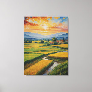 ein Bild einer Landschaft mit einem Fluss und Häus Leinwanddruck