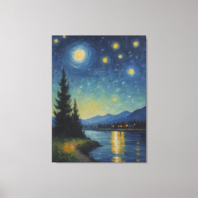 ein Bild eines Sees und Bäume in der Nacht Leinwanddruck (Vorderseite)