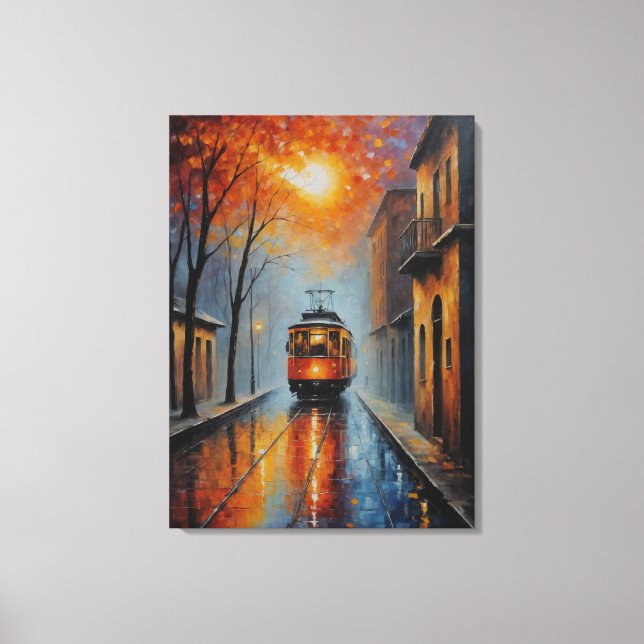 ein Bild eines Zuges auf einer nassen Straße Leinwanddruck (Vorderseite)