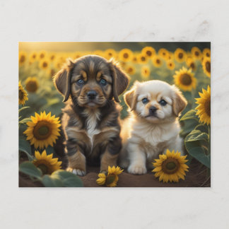 Ein Bild von zwei Welpen auf dem Feld der Sonnenbl Postkarte