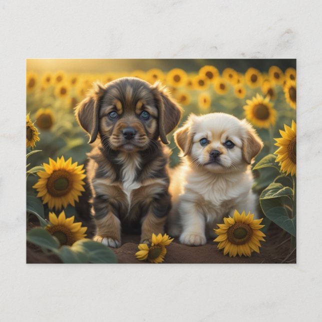 Ein Bild von zwei Welpen auf dem Feld der Sonnenbl Postkarte (Vorderseite)