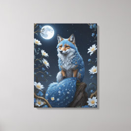 ein blau-weißer Fuchs mit Blume und Mond Leinwanddruck