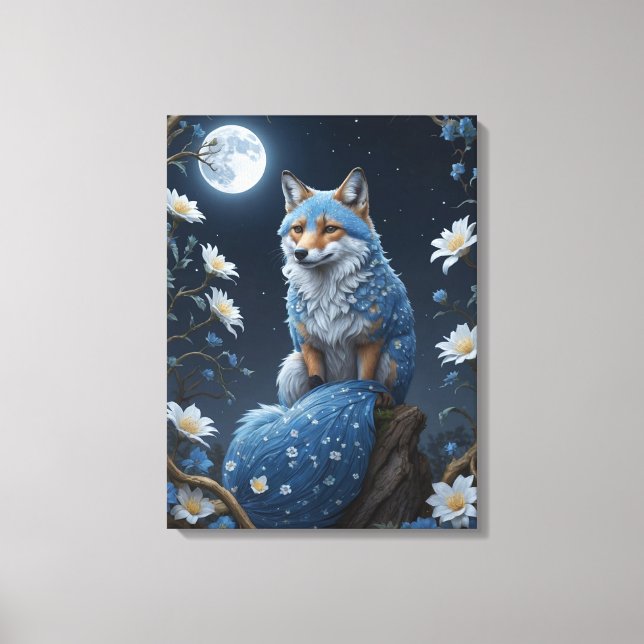 ein blau-weißer Fuchs mit Blume und Mond Leinwanddruck (Vorderseite)