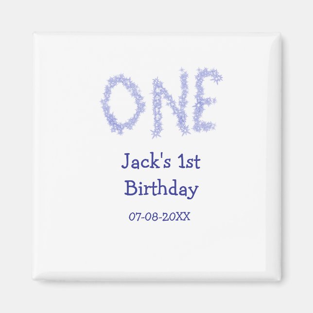 Ein blauer Glitzer Junge, modern 1. Geburtstag Magnet (Vorne)