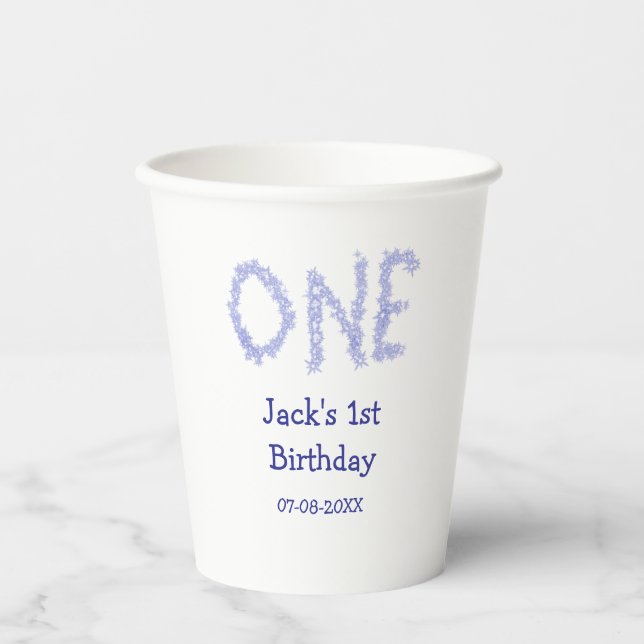 Ein blauer Glitzer Junge, modern 1. Geburtstag Pappbecher (Vorderseite)
