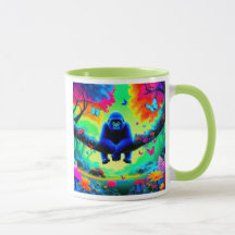 Ein blauer Gorilla in einem bunten Wald.