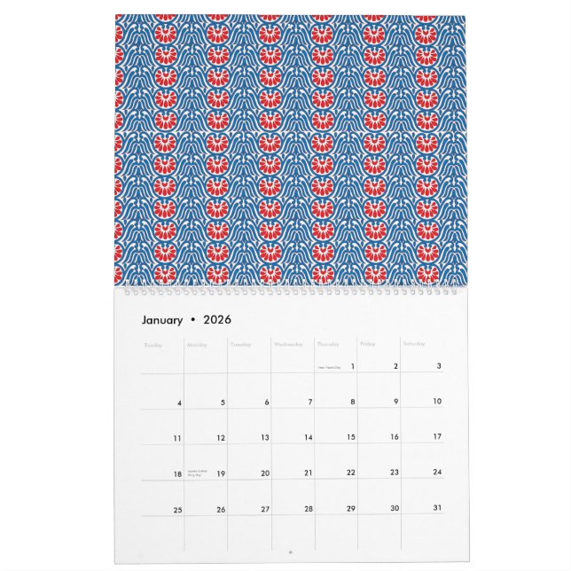 ein blauer Hintergrund mit roten und weißen Motive Kalender (Jan 2026)