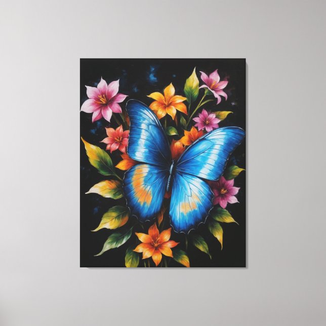 ein blauer Schmetterling auf der Blume Leinwanddruck (Vorderseite)