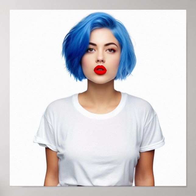 Ein blaues Haarmodell mit Gildan-T-Shirt Poster (Vorne)