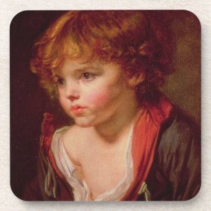 Ein blonder behaarter Junge mit einem offenen Untersetzer