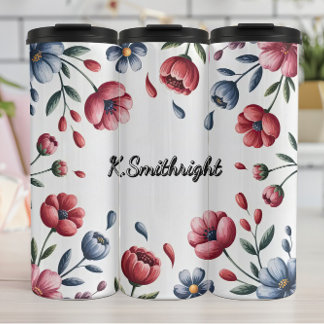 Ein Blumenrahmen in Rot und Blau Thermosbecher