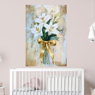 Ein Blumenstrauß aus weißen Lilien, mit einer gold Poster