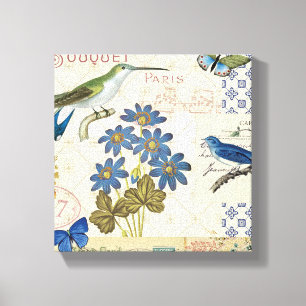 Ein Blumenstrauß der blauen Blumen, der Vögel un Leinwanddruck
