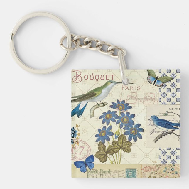 Ein Blumenstrauß der blauen Blumen, der Vögel und Schlüsselanhänger (Vorderseite)