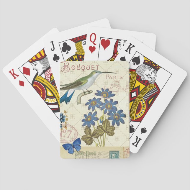 Ein Blumenstrauß der blauen Blumen, der Vögel und Spielkarten (Rückseite)