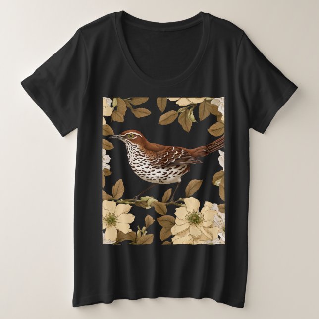 Ein brauner Thrasher-Vogel, umgeben von Blume der  Große Größe T-Shirt (Design vorne)