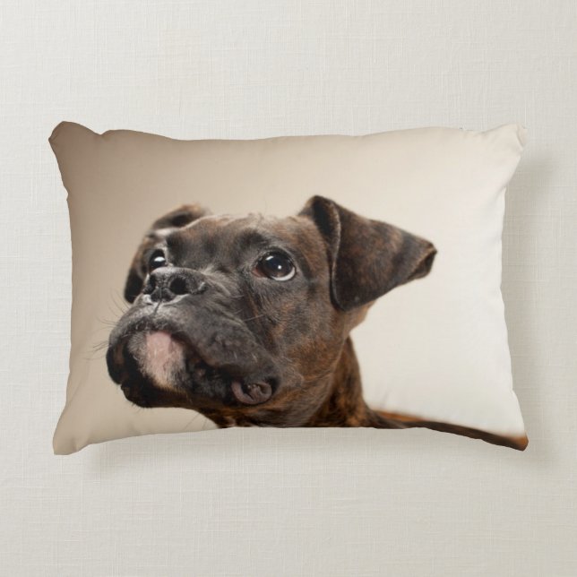 Ein Brindle Boxerwelpe, der oben neugierig schaut Zierkissen (Vorderseite)