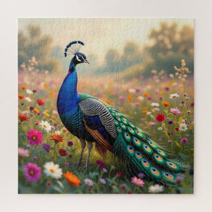 Ein bunter Pfau und Blumen 