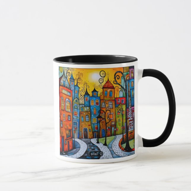 Ein buntes Dorf mit originalen Formen. Tasse (Rechts)