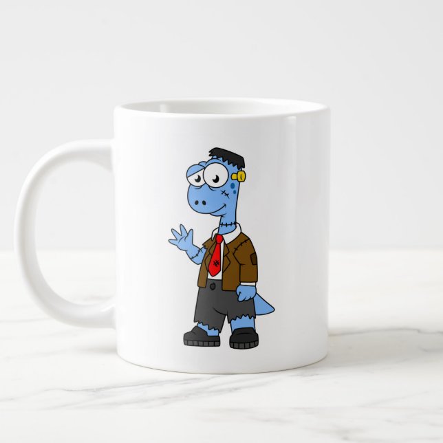 Ein Cartoon Brontosaurier verkleidete sich als Fra Jumbo-Tasse (Links)
