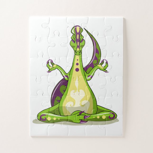 Ein Cartoon Iguanodon Dinosaurier, der Yoga macht. (Vertikal)