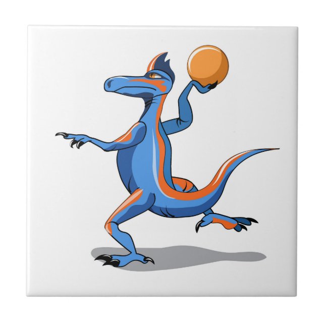 Ein Cartoon Iguanodon spielt Basketball. Fliese (Vorderseite)