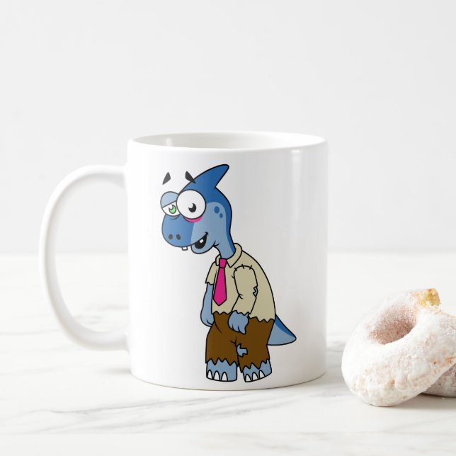 Ein Cartoon Parasaurolophus, der als Zombie verkle Kaffeetasse (Mit Donut)