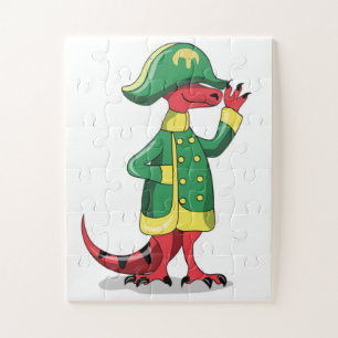 Ein Cartoon Tyrannosaur Rex verkleidet als Napoleo