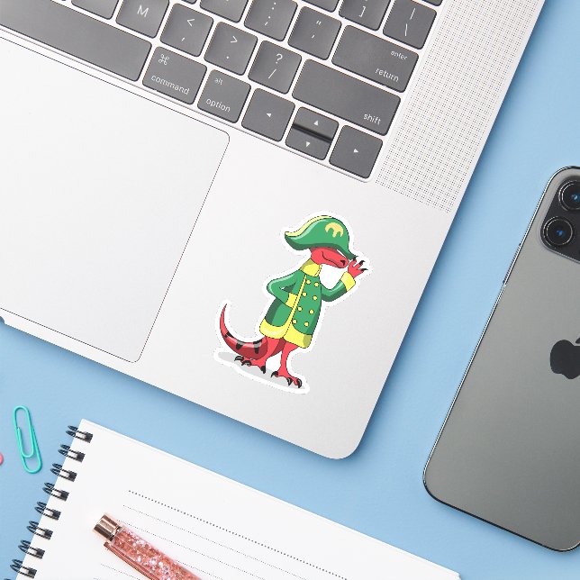 Ein Cartoon Tyrannosaur Rex verkleidet als Napoleo Aufkleber (Laptop mit iPhone)