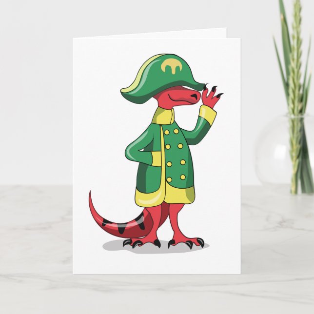 Ein Cartoon Tyrannosaur Rex verkleidet als Napoleo Karte (Vorderseite)