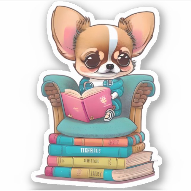 Ein Chihuahua-Welpe, der ein Buch liest Aufkleber (Vorderseite)