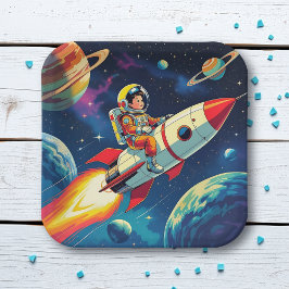 Ein Comic-Book-Style-Boy auf einer Rakete im Weltr Pappteller
