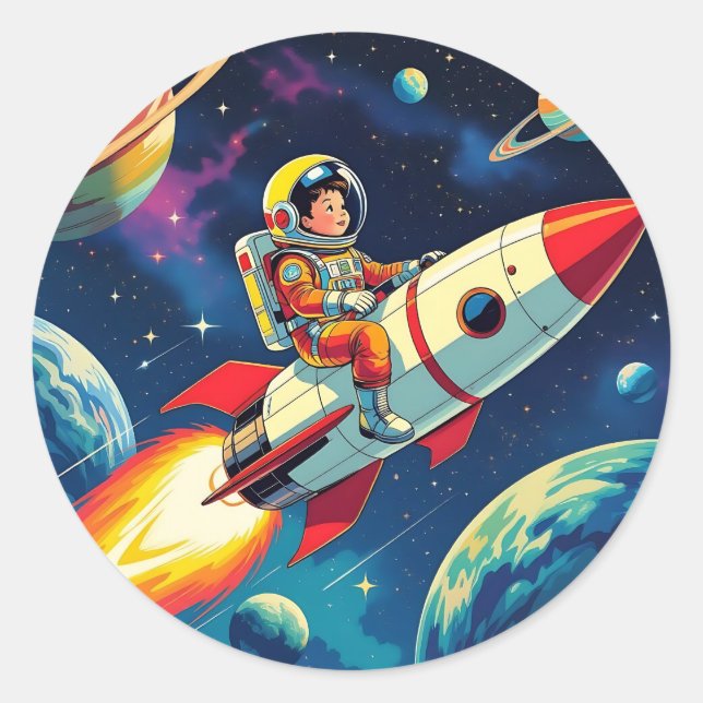 Ein Comic-Book-Style-Boy auf einer Rakete im Weltr Runder Aufkleber (Vorderseite)