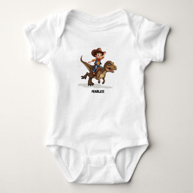 Ein Cowboy, der auf einem T-rex-Dinosaurier-Baby-B Baby Strampler (Vorderseite)